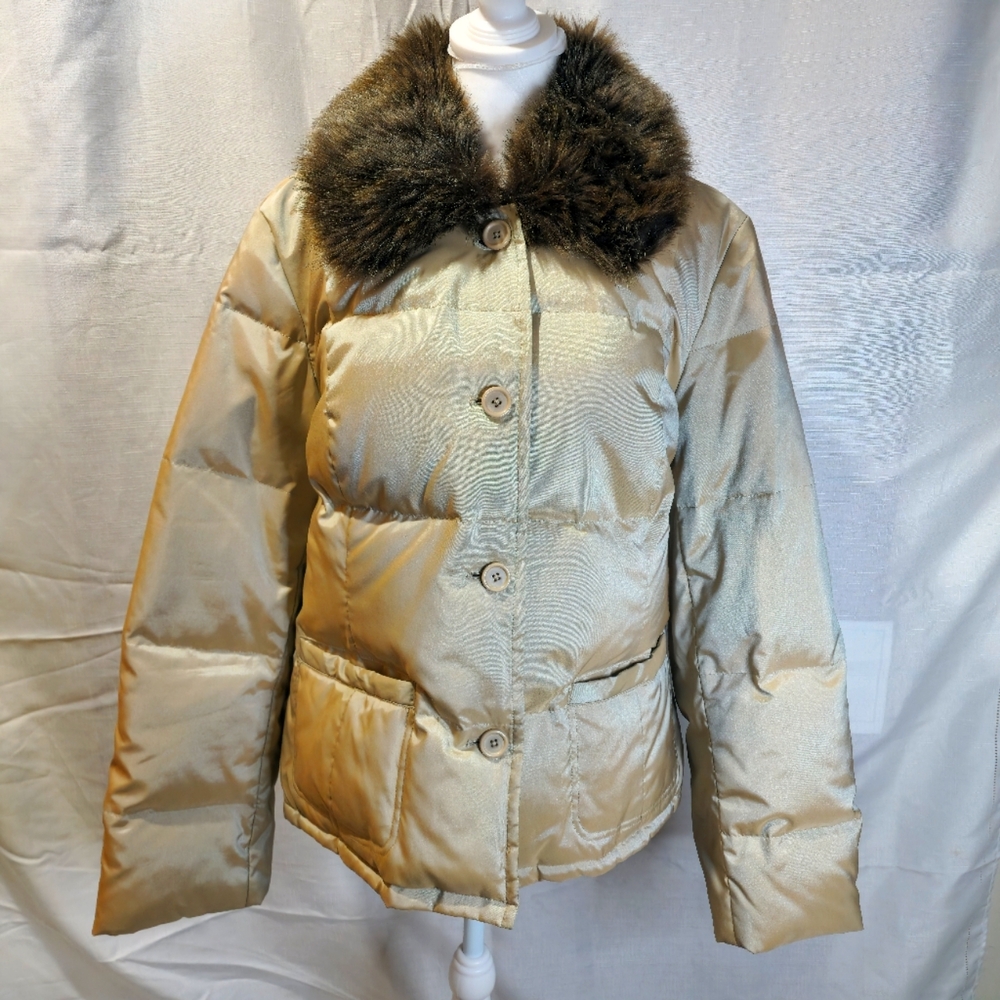 Ann Taylor Loft Golden Tan iridescent Faux Fur Collar Down Jacket Lg